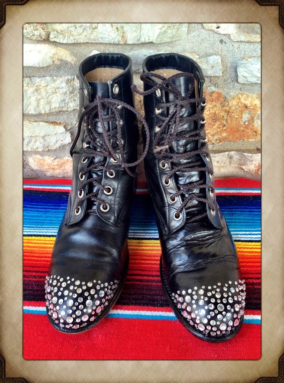 Bedazzled Black leather Lace Up Boots from Justin size 7