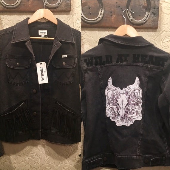 Black Wrangler Icons Jean Jacket with Embroidery and Leather Fringe size M