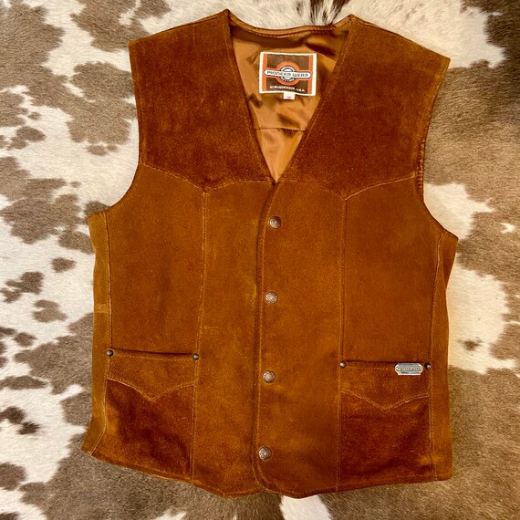 Vintage 1970s Brown Suede Leather Snap up vest mens size 36 small woman’s size medium