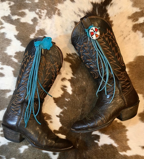 Handmade Beautiful Brown Leather Laramie Cowboy Boots mens size 8 woman’s size 9-9 1/2