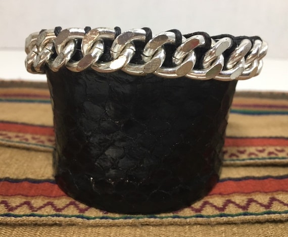Black Snakeskin Cuff Bracelet with Metal Chain