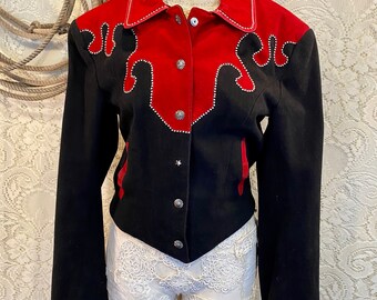 Vintage western Red Suede and Black Denim Studded Jacket women’s size 8