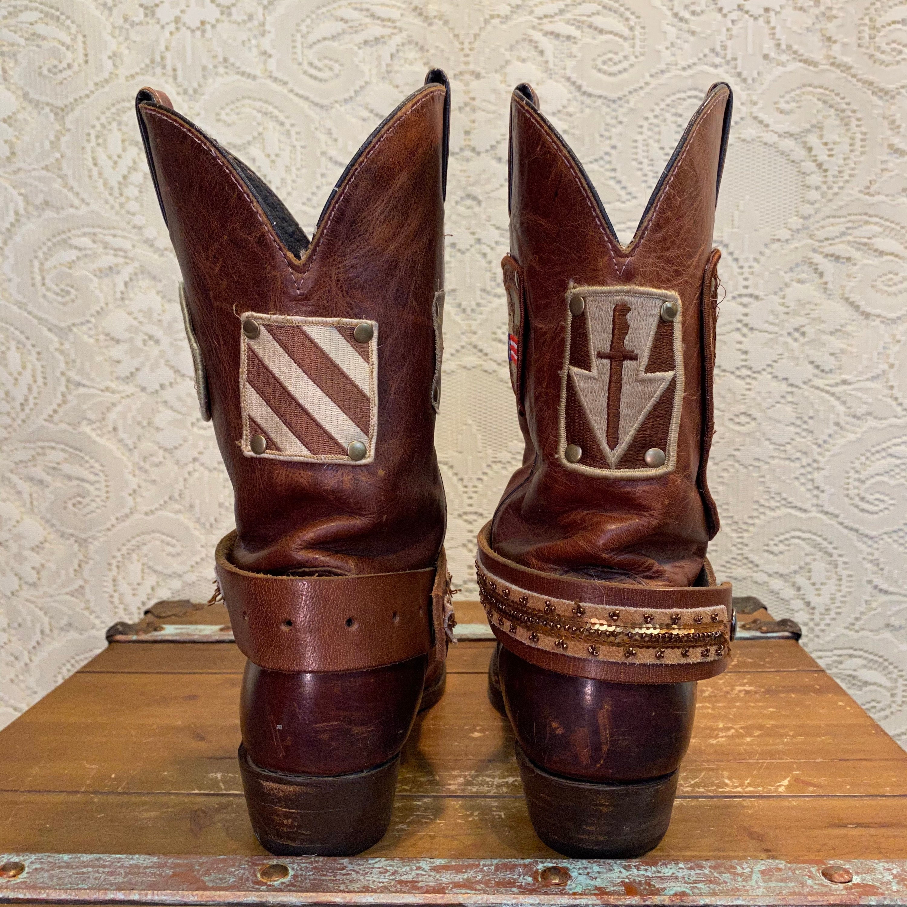 Handcrafted Brown Leather Vintage Code West Western Cowgirl Boots with  Vintage Military Patches and belt bands woman's size 11 M