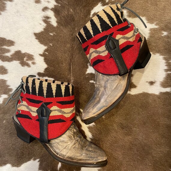 Handcrafted Vintage Leather Cowgirl Ankle Booties with Southwestern Fabric women’s size 11 M
