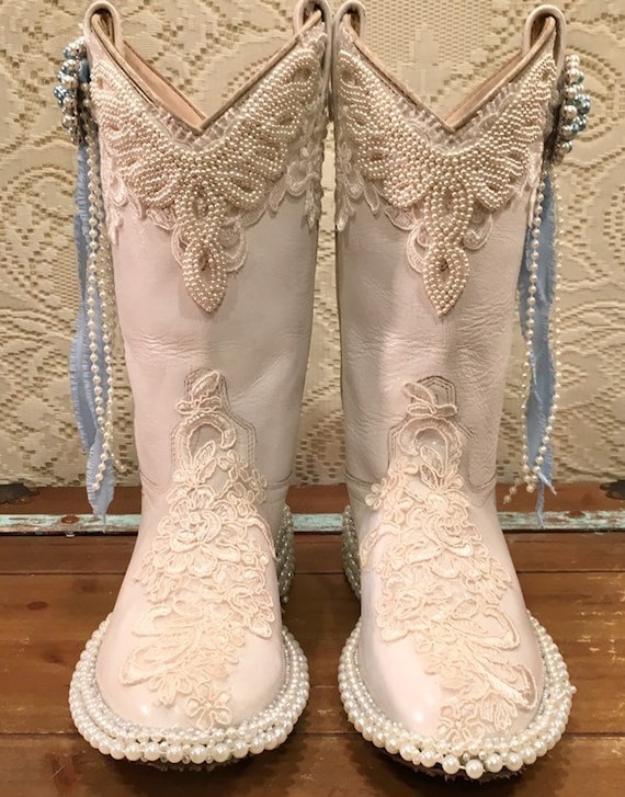 Custom White Cowgirl Bling Boots with Lace and Pearls size 6