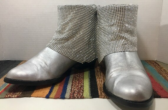Hand Painted Metallic Silver Booties with Rhinestone Mesh woman's size 9 1/2