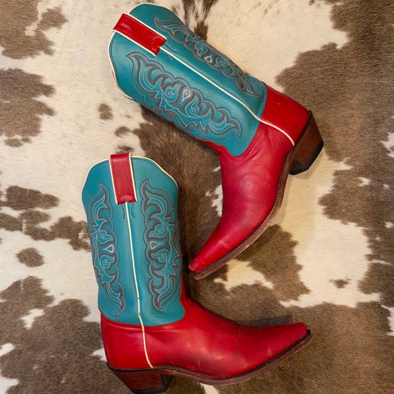 Turquoise and Red Leather Tony Lama with Fancy Stitched Vamps women’s size 8 B