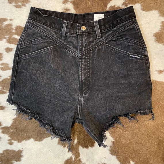 Faded Black Denim Vintage Rocky Mountain High Waist Jean Cut Off Shorts 28”