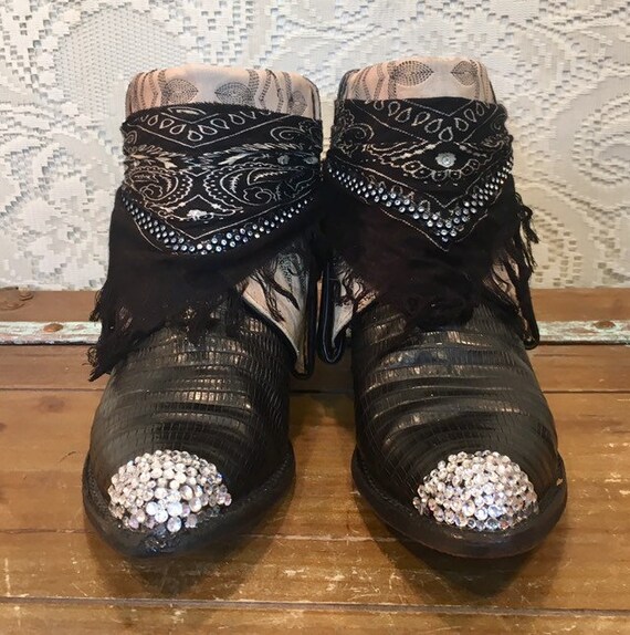 Black Label Tony Lama Black Teju Lizard Swarovski Crystals Cowgirl Booties size 7 M