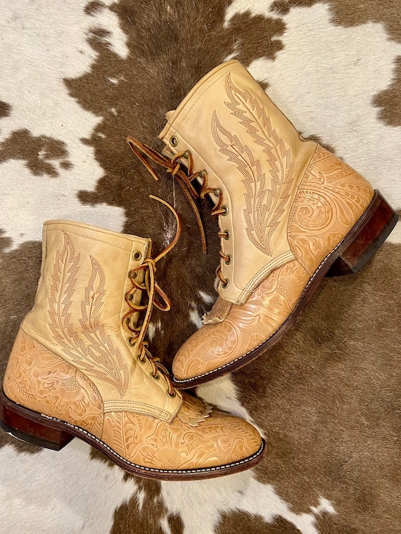 Lace Up Tan Tooled Leather Larry Mahan Granny Roper Packer Cowgirl Boots women’s size 8M