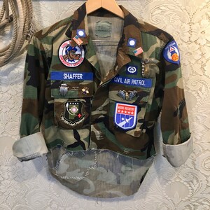 Vintage Distressed Military Camo Shirt with Vintage Patches and Broaches size M-L