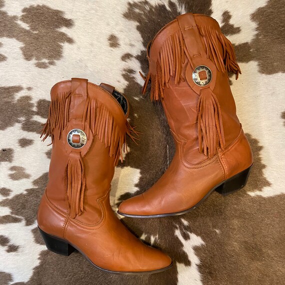 Vintage Whiskey Leather Acme Fringe Cowgirl Boots size 7 1/2 M