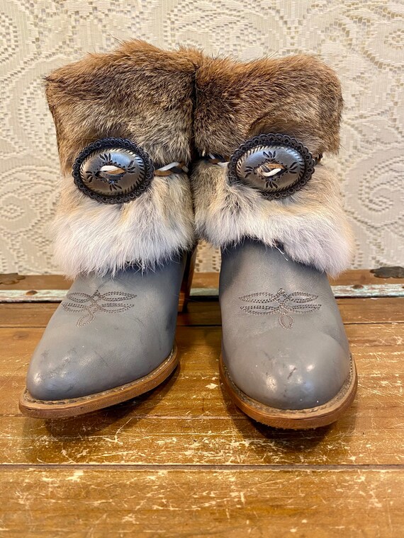 Hand Crafted Grey Leather and Fur Miss Capezio western cowgirl ankle booties size 9 M