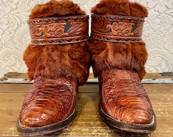Handcrafted Vintage Nocona Whiskey Snakeskin Cowgirl Ankle Booties with Fur women’s size 7 B