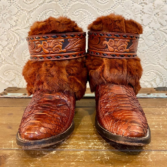 Handcrafted Vintage Nocona Whiskey Snakeskin Cowgirl Ankle Booties with Fur women’s size 7 B