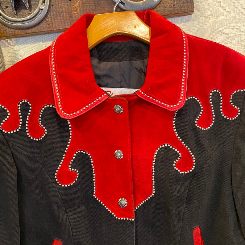 Vintage western Red Suede and Black Denim Studded Jacket womens size 8 image 5