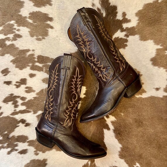 Dark Brown Leather Vintage Larry Mahan Cowboy Western Boots mens size 9 D woman’s size 10 1/2 to 11