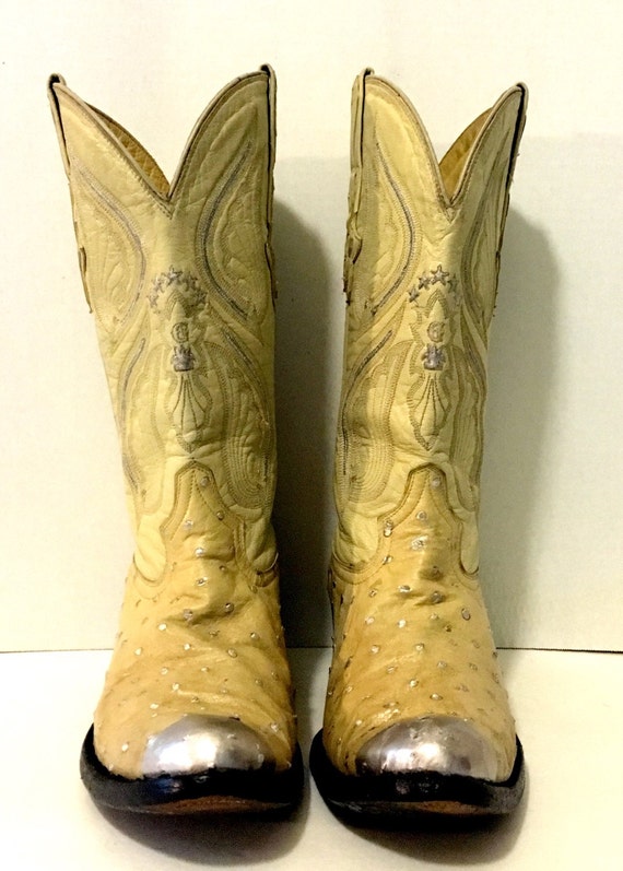Hand Painted Beige and Silver Exotic Ostrich Boots by El General size 8 1/2 to 9