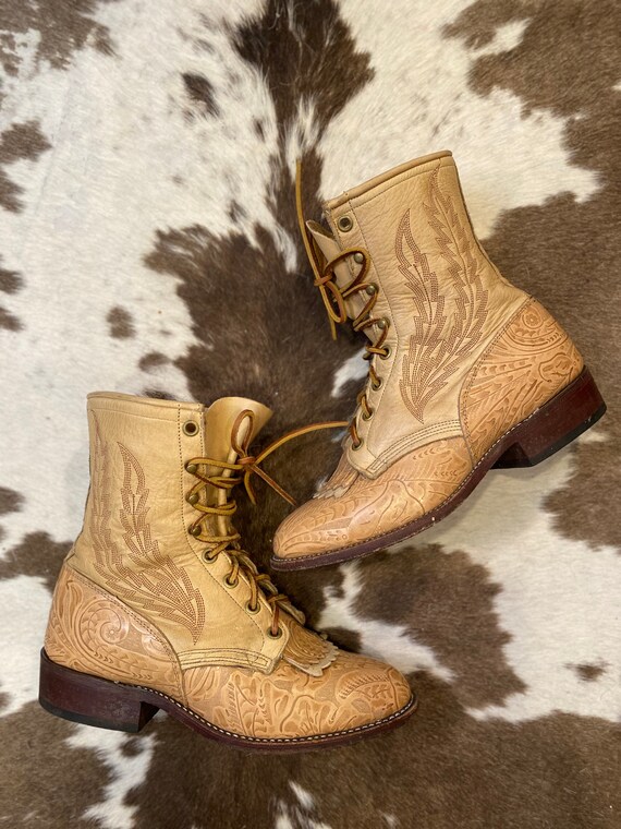 Tan Tooled Lace Up Granny Larry Mahan Packer Cowgirl Boots size 7M