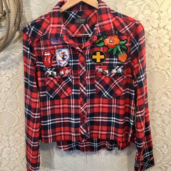 Amazing Vintage Distressed Cutoff Flannel with Vintage Patches and American Flag size XL Red/White/Blue