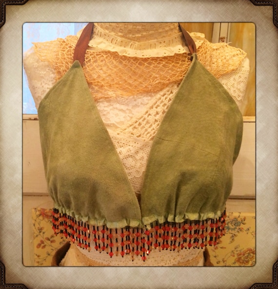 Hand made Vintage Suede Sage Green Beaded Bikini Top