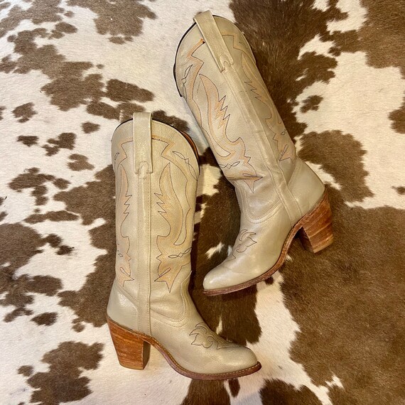 Tall Light Grey Leather Vintage Miss Capezio Cowgirl Boots with Fancy Stitched Vamps women size 7 M