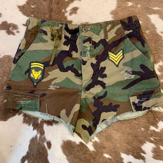 Handcrafted Vintage Army Camouflage Cut Off Shorts with vintage Military Patches size Small 27”-31”