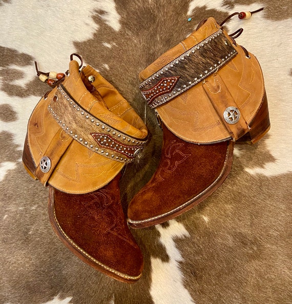Handcrafted Brown and Tan Leather and Suede Miss Capezio cowgirl western ankle booties size 9 M