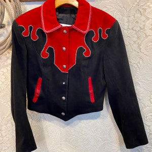 Vintage western Red Suede and Black Denim Studded Jacket womens size 8 image 3