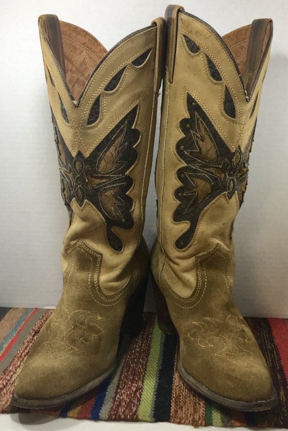 Miss Capezio Tan Cowgirl Boots with Butterfly Inlays size 8 1/2M