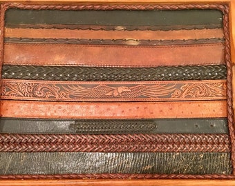 Handcrafted  Teak and Leather Vintage Western Belts Serving or Bar Tray