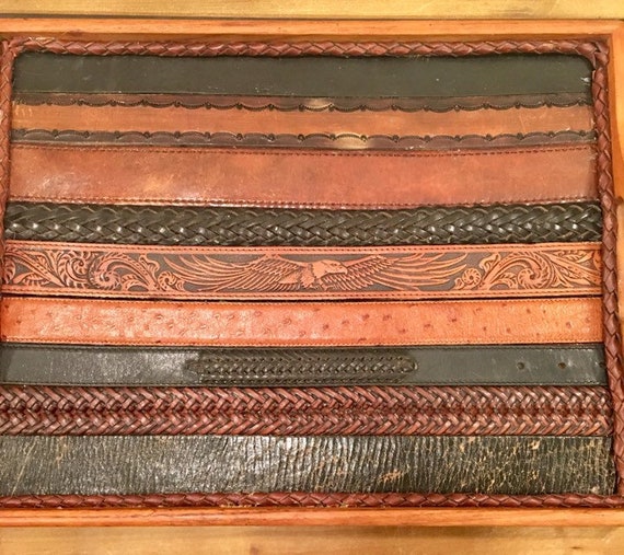 Handcrafted Teak and Leather Vintage Western Belts Serving or Bar Tray