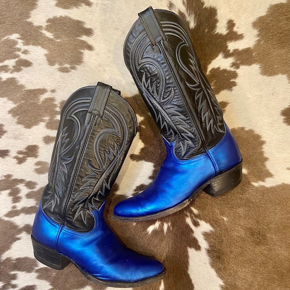 Hand-Painted Leather Metallic Blue and Black Tony Lama Black Label Cowboy Western Boots men's 8 D woman's 9 1/2 M