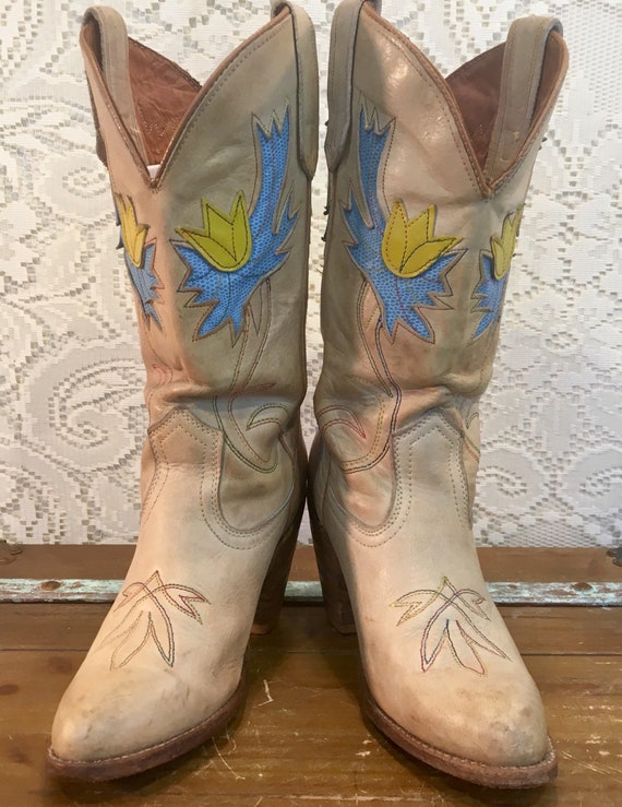 Vintage Miss Capezio Cowgirl Western Boots with Yellow and Turquoise Floral Inlays size 6 1/2 M