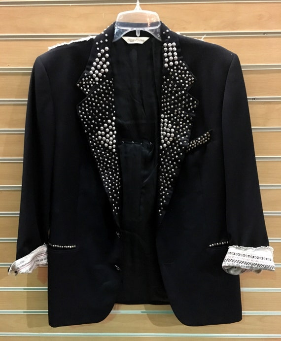 Amazing Hand Studded Black Blazer with Southwest Print and Leather Fringe