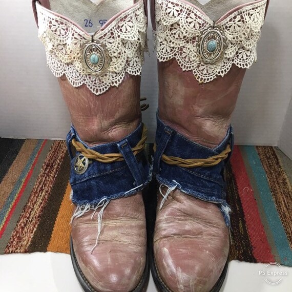 Dusty Rose Cowgirl Boots with lace and Denim women's size 8 M