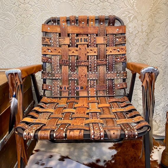 Handcrafted Western Leather Folding Chair made from vintage leather belts with Fringe and Feathers