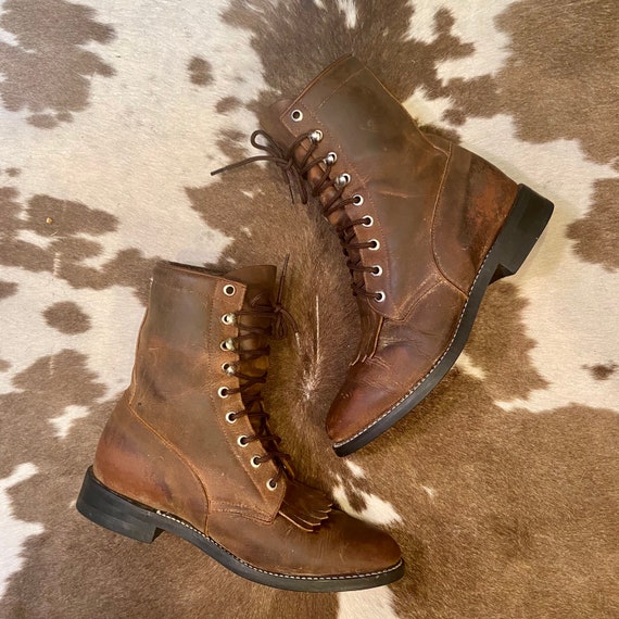 Vintage Brown Leather Lace Up Granny Packer Western Boots from Acme women’s size 7 1/2 M