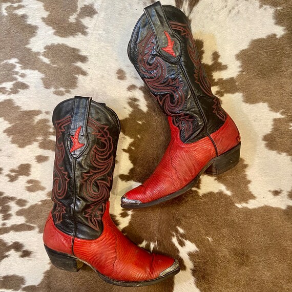 Vintage Exotic Red Lizard and Black Leather Larry Mahan Cowboy Cowgirl Western Boots size 8 A