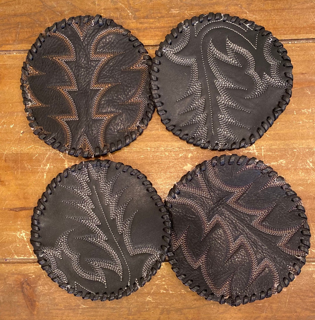 Black Leather Vintage Cowboy Boot Coasters Hand Stitching Set of 4 With ...