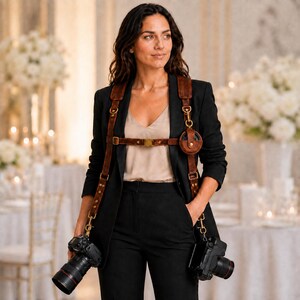May include: A brown leather dual camera harness featuring adjustable straps, brass-toned metal hardware, and a small circular pouch attached to the left shoulder strap, designed to hold two cameras securely at the hips with metal clips.