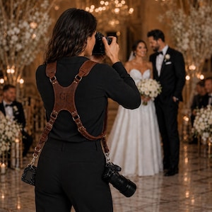 May include: A brown leather dual camera harness with an X-shaped back panel featuring the embossed letters GF. The harness includes adjustable straps, metal buckles, and clips attached to two cameras, worn over a black long-sleeve shirt and trousers.