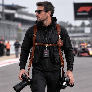 May include: A brown leather dual camera harness with brass hardware, featuring adjustable straps, a small circular pouch attached to the left side, and metal clips holding two black digital cameras, worn over a black tactical vest and trousers.