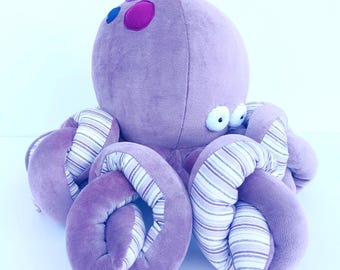 Big Purple Octopus Plushie, Funny Kraken, Ocean Creature, Sleeping Fellow with Tentacles,  Big Lilac Cephalopod Stuffed Toy