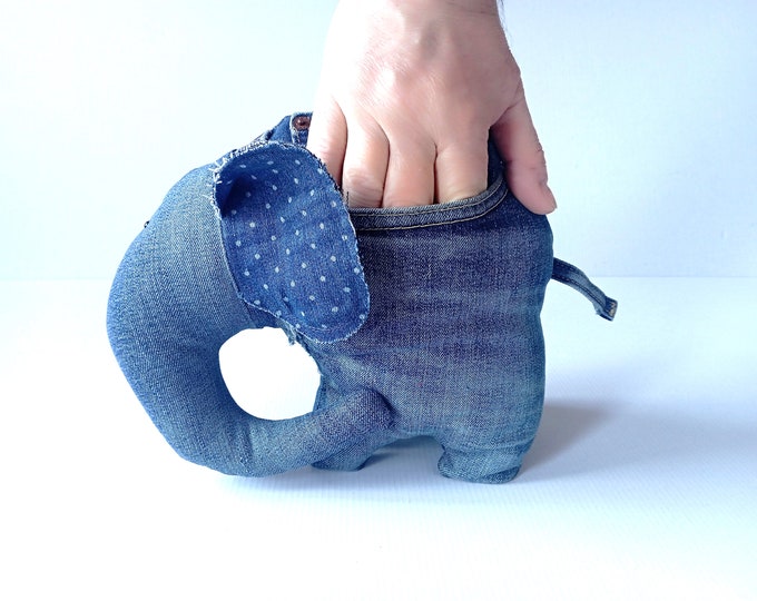 Blue Jeans Elephant, Recycled Stuffed Mamoth, Eco-Friendly Elefant Stuffie, Handmade from Old Blue Jeans