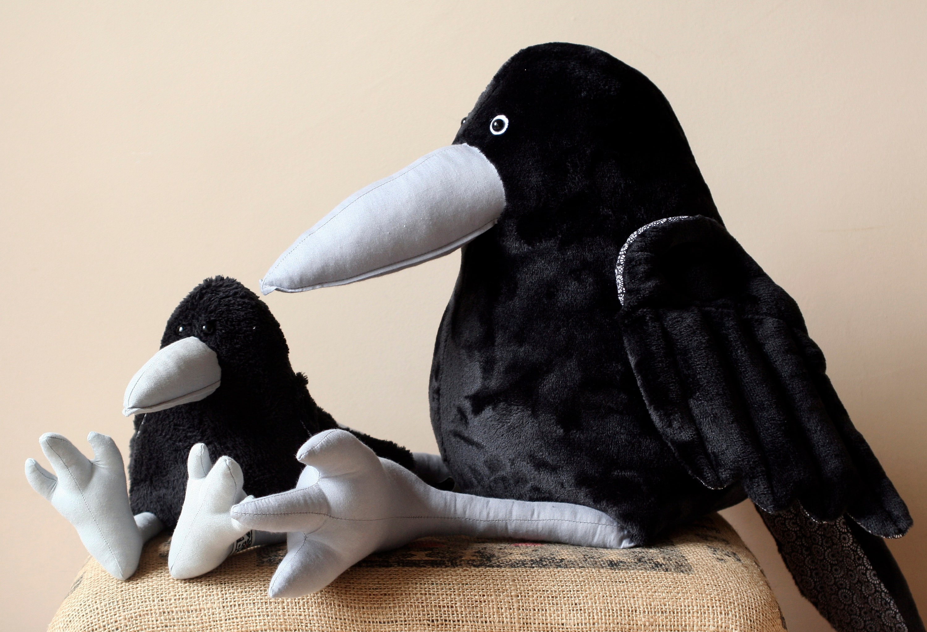 Black Crow Plush Birdie, Cuddly Raven Plush Toy, Yellow or Grey Beak