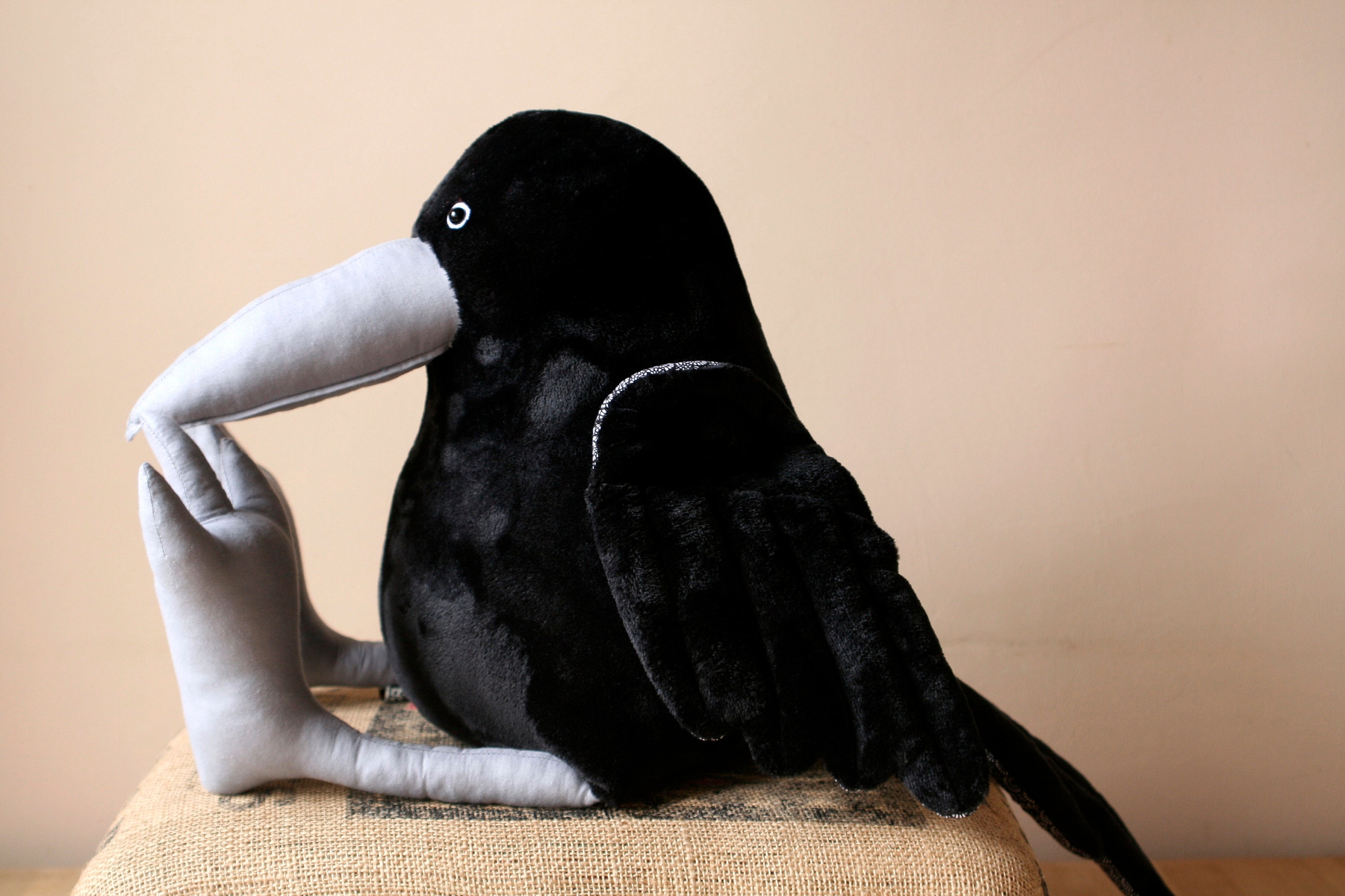 Big Black Crow Plush Bird, Huge Raven Plush Pillow, Grey Beak