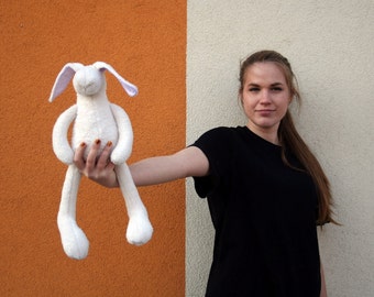 White Easter Bunny, Plush Rabbit - soft stuffed bunny with pink ears
