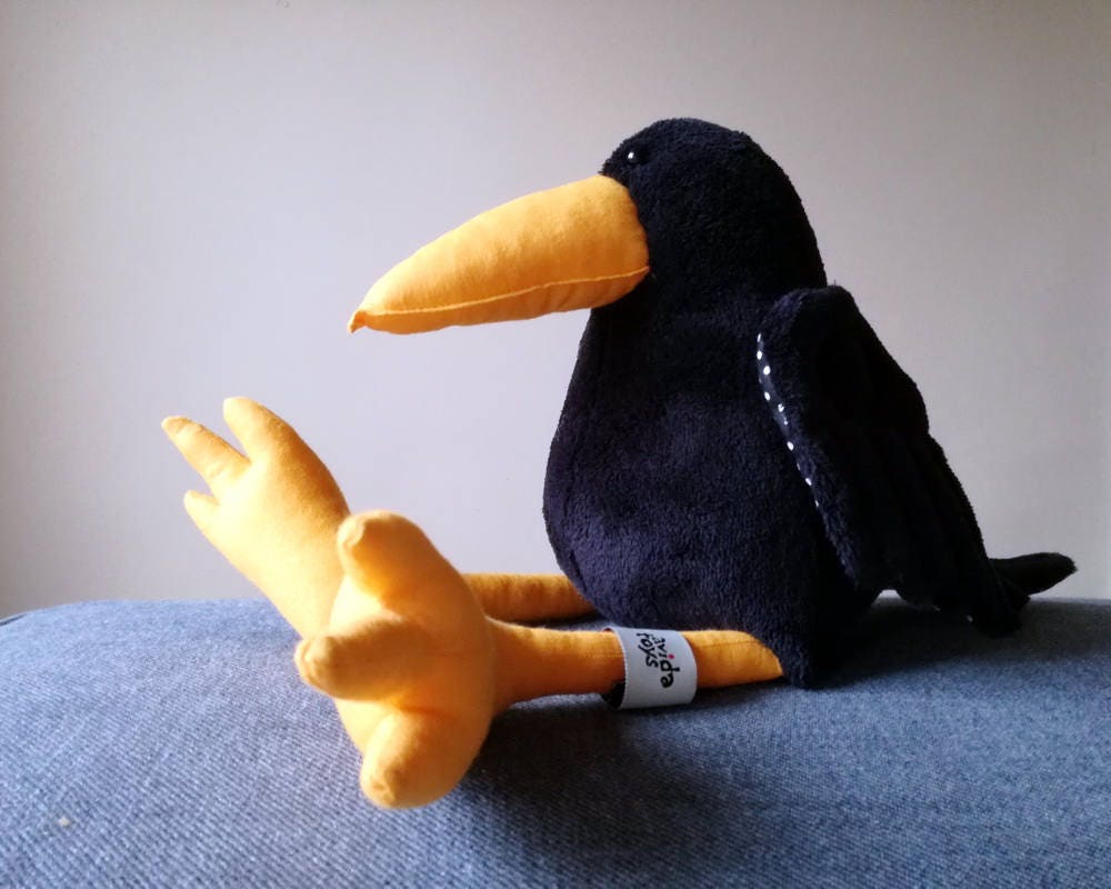 Black Crow Plush Birdie, Cuddly Raven Plush Toy, Yellow or Grey Beak