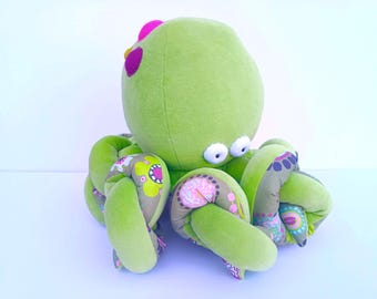 Big Light Green Octopus Plushie, Funny Kraken, Ocean Creature, Sleeping Fellow with Tentacles,  Big Olive Cephalopod Stuffed Toy